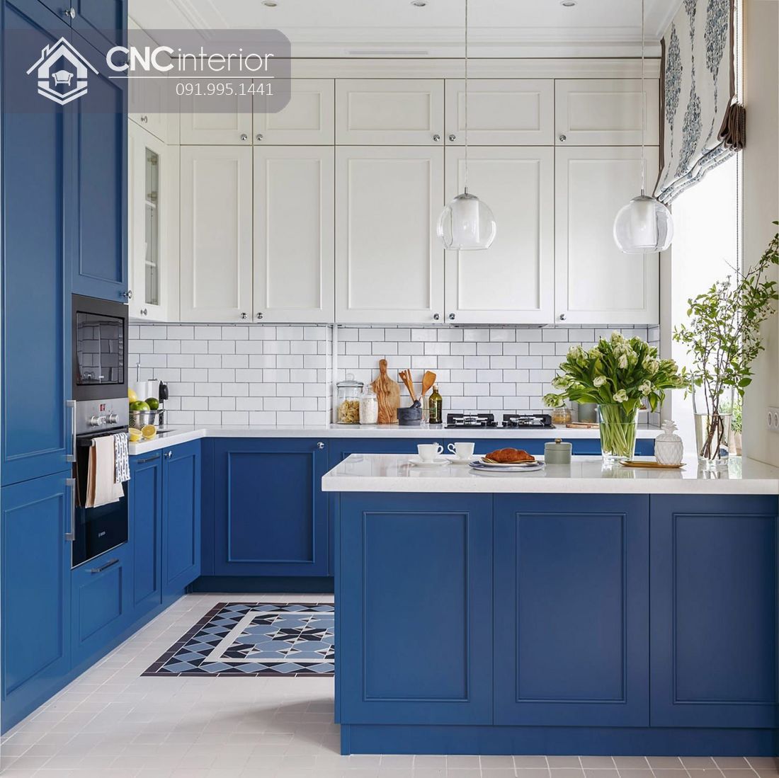 Tủ bếp tân cổ điển màu xanh sang trọng bắt mắt CNC 45