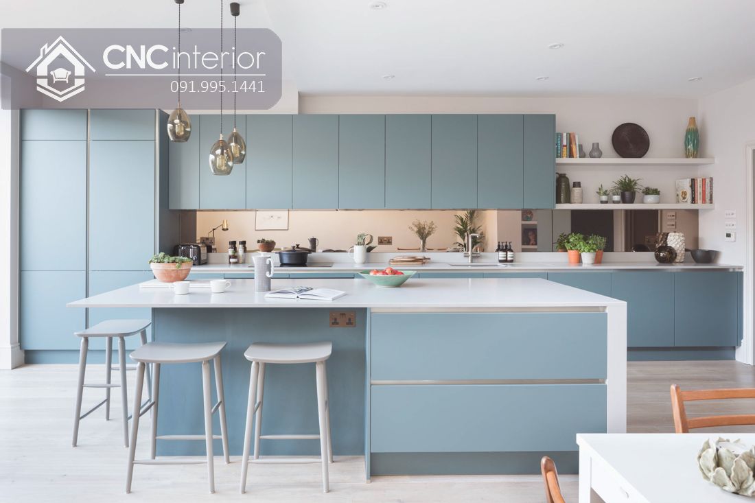 Tủ bếp màu xanh pastel hiện đại trẻ trung CNC 19