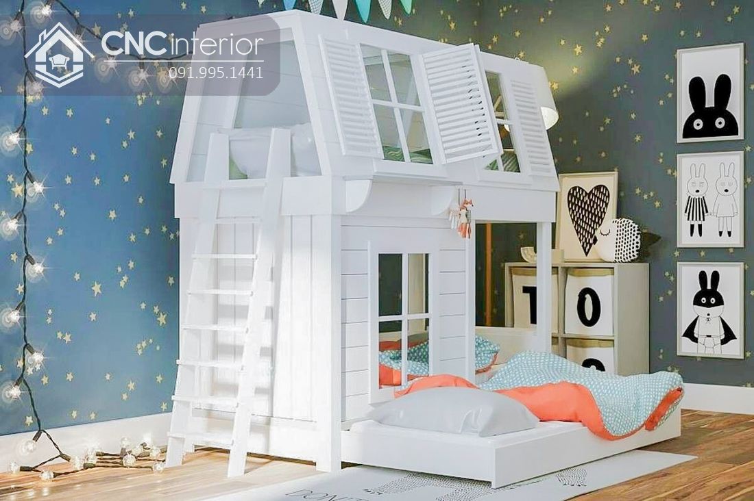 Giường tầng trẻ em hình ngôi nhà màu trắng CNC 14