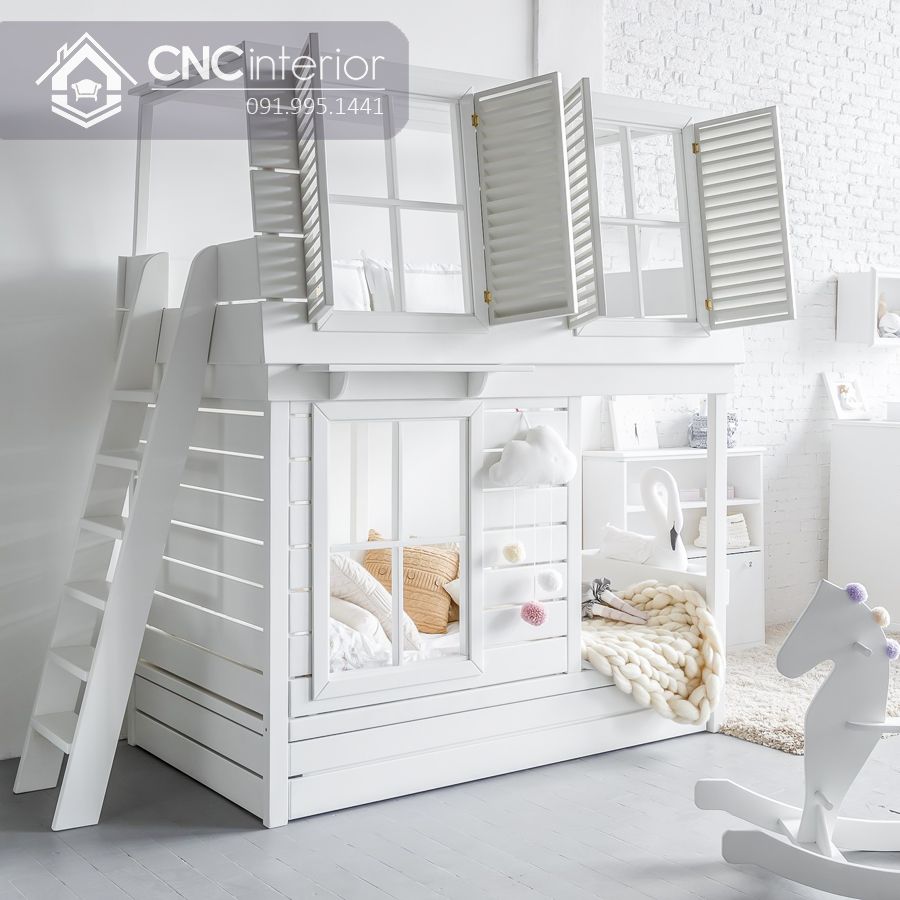 Giường tầng trẻ em hình ngôi nhà màu trắng CNC 14 1