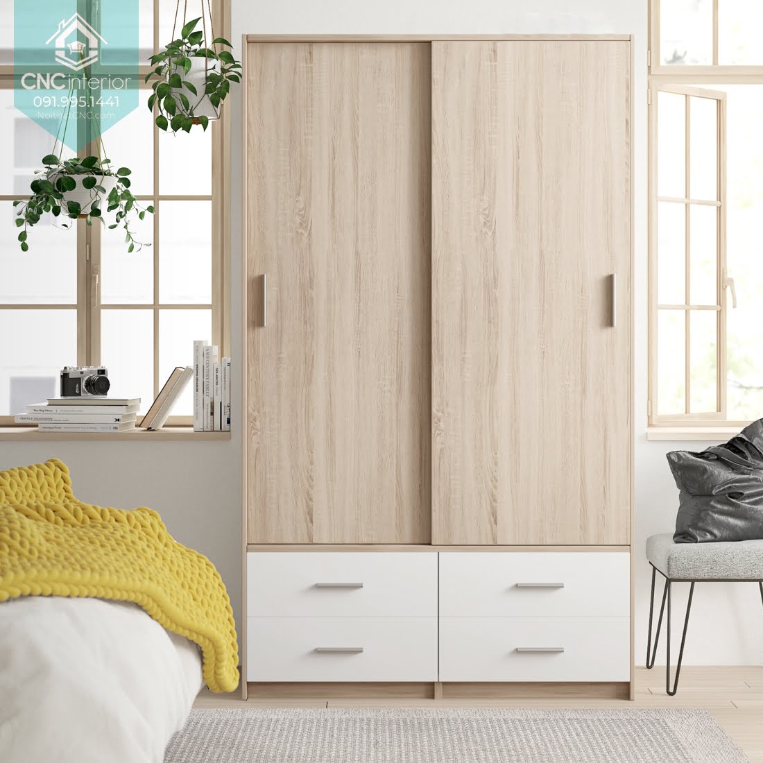 Tủ quần áo gỗ ép 2 cánh lùa màu sáng phù hợp với phòng ngủ Scandinavian